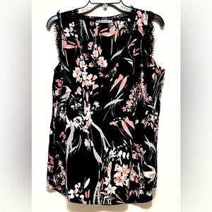 HARHAY Floral Flower Black White & Pink Women's Top Blouse Sleeveless L